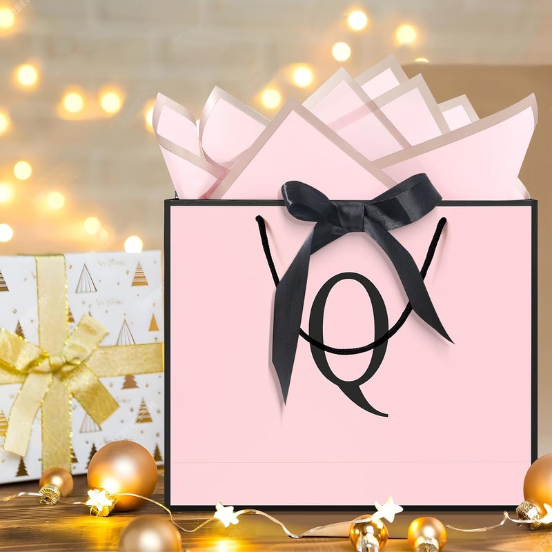 QLSKO Personalized Initial Paper Bag for Women Grils,Monogrammed Gift Bag with Bow Ribbon,Wrapping Tissue and Card Matching Envelope Sticker (Pink, Q-Medium) - Image 4